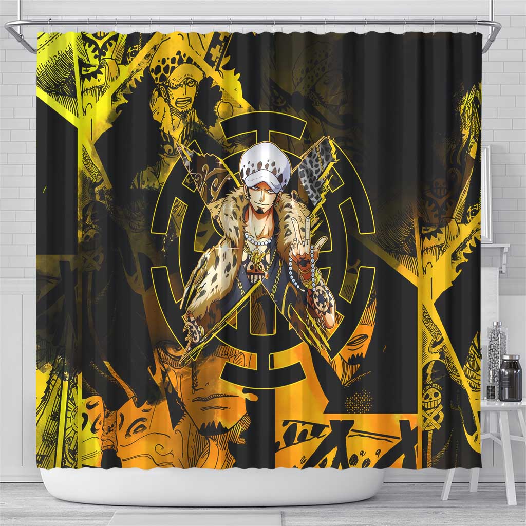 Trafalgar Law One Piece Yellow and Black Theme Shower Curtain with Jolly Roger Symbol and Manga Panel Design - The Mazicc