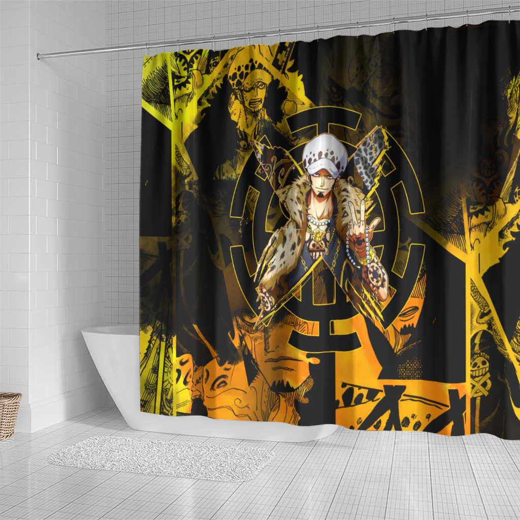 Trafalgar Law One Piece Yellow and Black Theme Shower Curtain with Jolly Roger Symbol and Manga Panel Design - The Mazicc