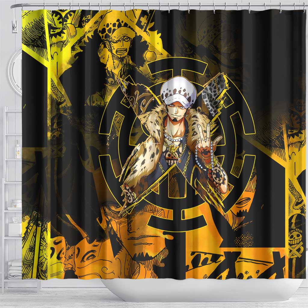 Trafalgar Law One Piece Yellow and Black Theme Shower Curtain with Jolly Roger Symbol and Manga Panel Design - The Mazicc