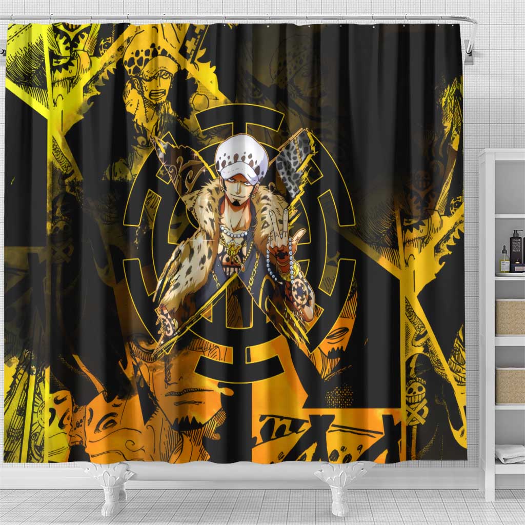 Trafalgar Law One Piece Yellow and Black Theme Shower Curtain with Jolly Roger Symbol and Manga Panel Design - The Mazicc