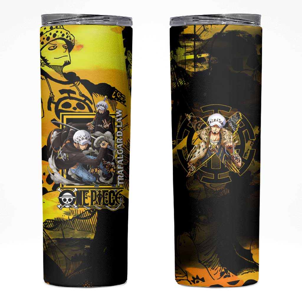 Trafalgar Law One Piece Yellow and Black Theme Skinny Tumbler with Jolly Roger Symbol and Manga Panel Design - The Mazicc