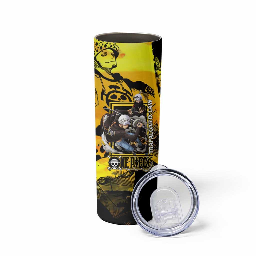 Trafalgar Law One Piece Yellow and Black Theme Skinny Tumbler with Jolly Roger Symbol and Manga Panel Design - The Mazicc