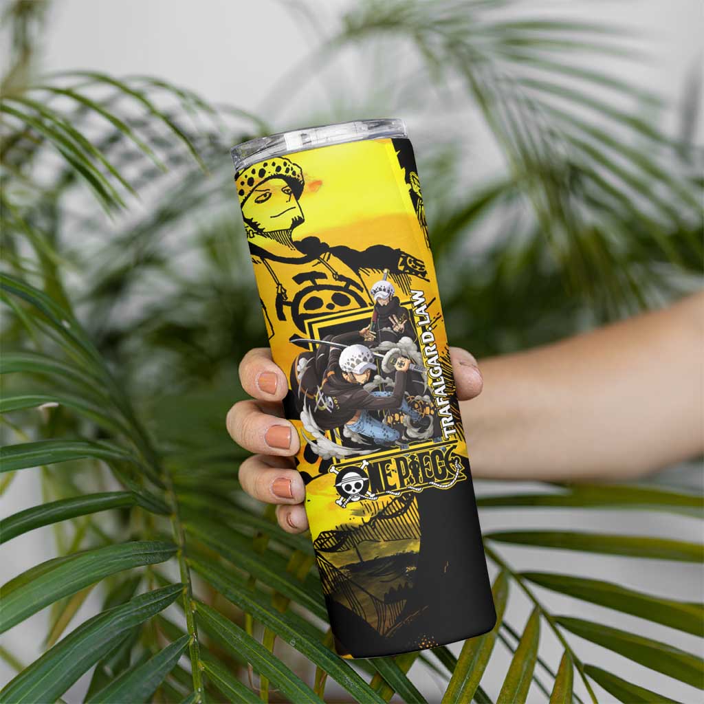 Trafalgar Law One Piece Yellow and Black Theme Skinny Tumbler with Jolly Roger Symbol and Manga Panel Design - The Mazicc