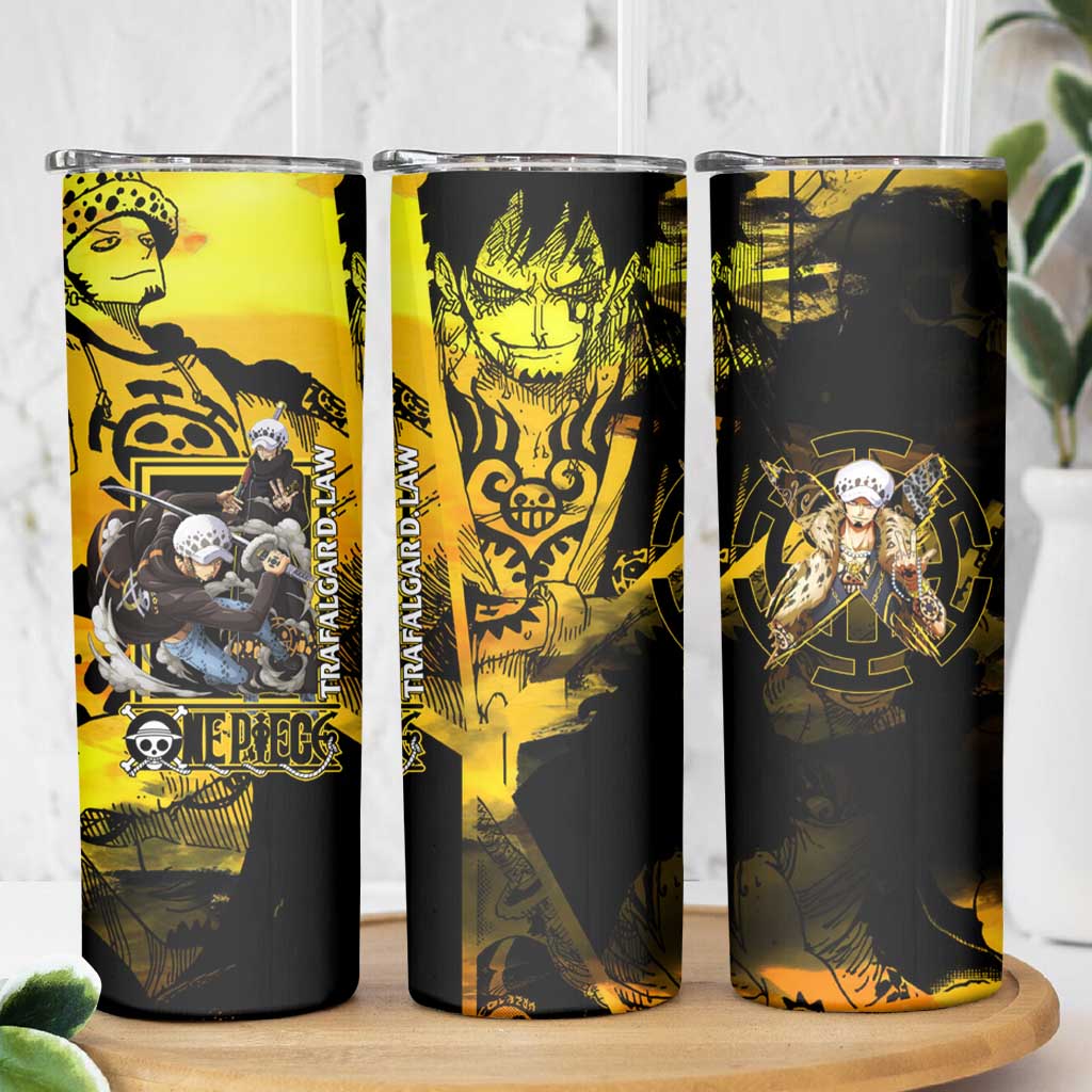 Trafalgar Law One Piece Yellow and Black Theme Skinny Tumbler with Jolly Roger Symbol and Manga Panel Design - The Mazicc