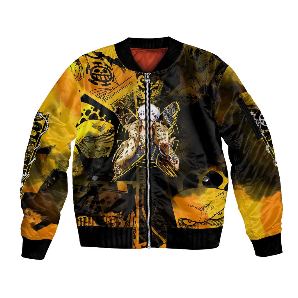 Trafalgar Law One Piece Yellow and Black Theme Sleeve Zip Bomber Jacket with Jolly Roger Symbol and Manga Panel Design - The Mazicc