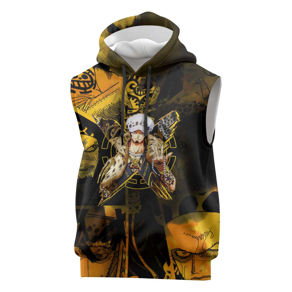 Trafalgar Law One Piece Yellow and Black Theme Sleeveless Hoodie with Jolly Roger Symbol and Manga Panel Design - The Mazicc