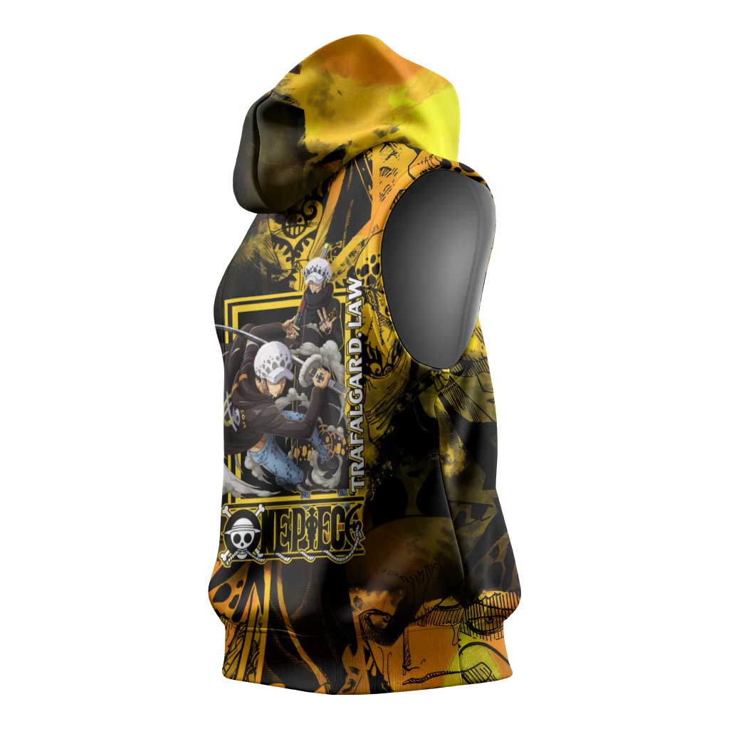 Trafalgar Law One Piece Yellow and Black Theme Sleeveless Hoodie with Jolly Roger Symbol and Manga Panel Design - The Mazicc