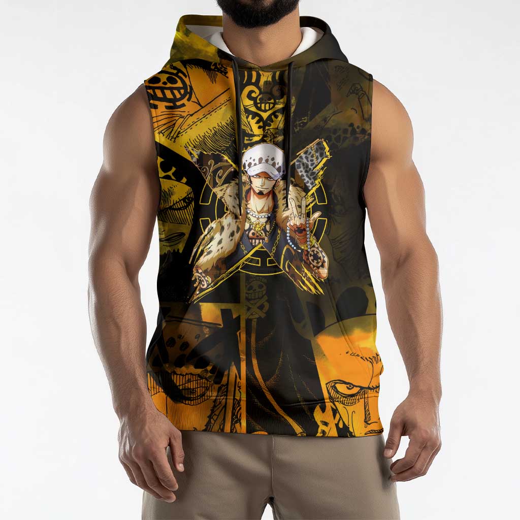 Trafalgar Law One Piece Yellow and Black Theme Sleeveless Hoodie with Jolly Roger Symbol and Manga Panel Design - The Mazicc