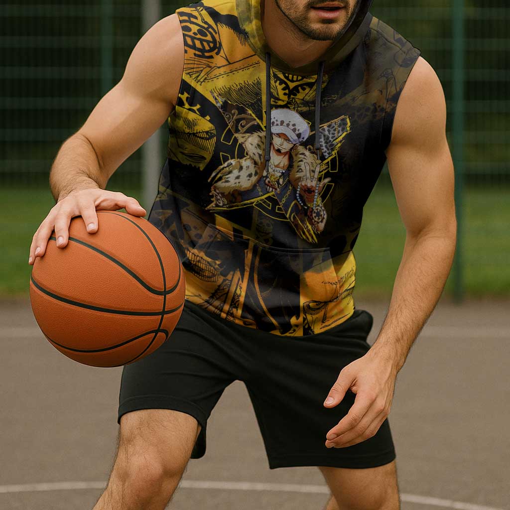 Trafalgar Law One Piece Yellow and Black Theme Sleeveless Hoodie with Jolly Roger Symbol and Manga Panel Design - The Mazicc