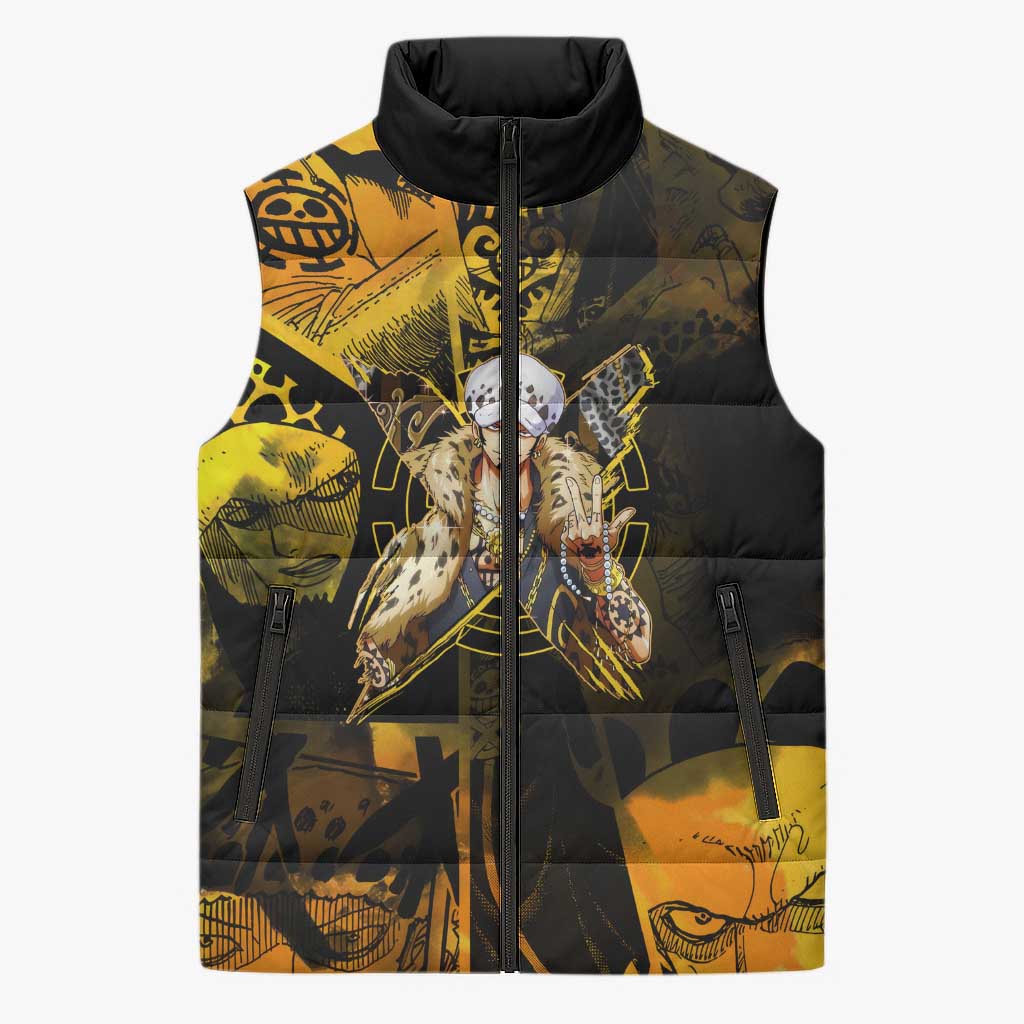 Trafalgar Law One Piece Yellow and Black Theme Sleeveless Puffer Jacket with Jolly Roger Symbol and Manga Panel Design - The Mazicc