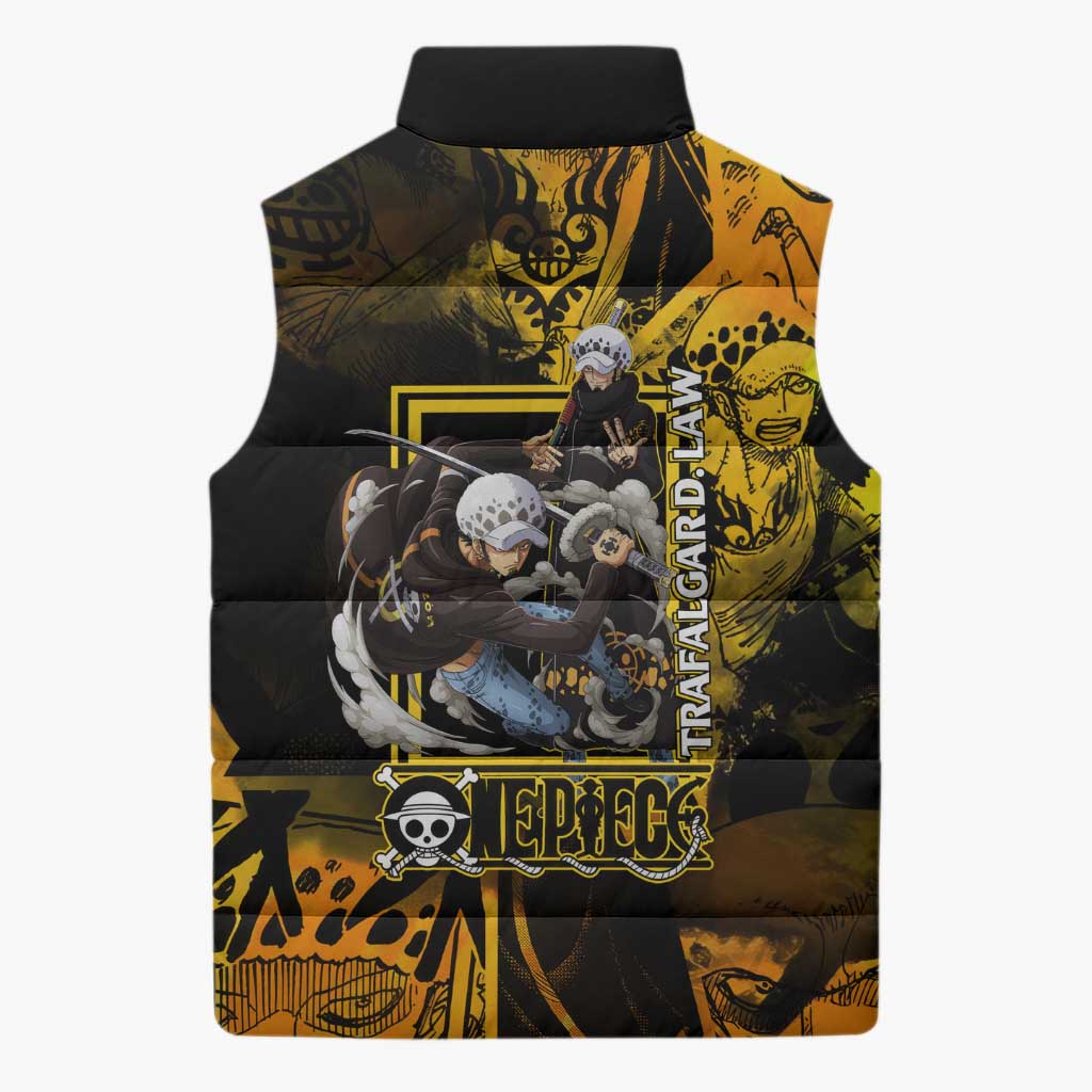 Trafalgar Law One Piece Yellow and Black Theme Sleeveless Puffer Jacket with Jolly Roger Symbol and Manga Panel Design - The Mazicc