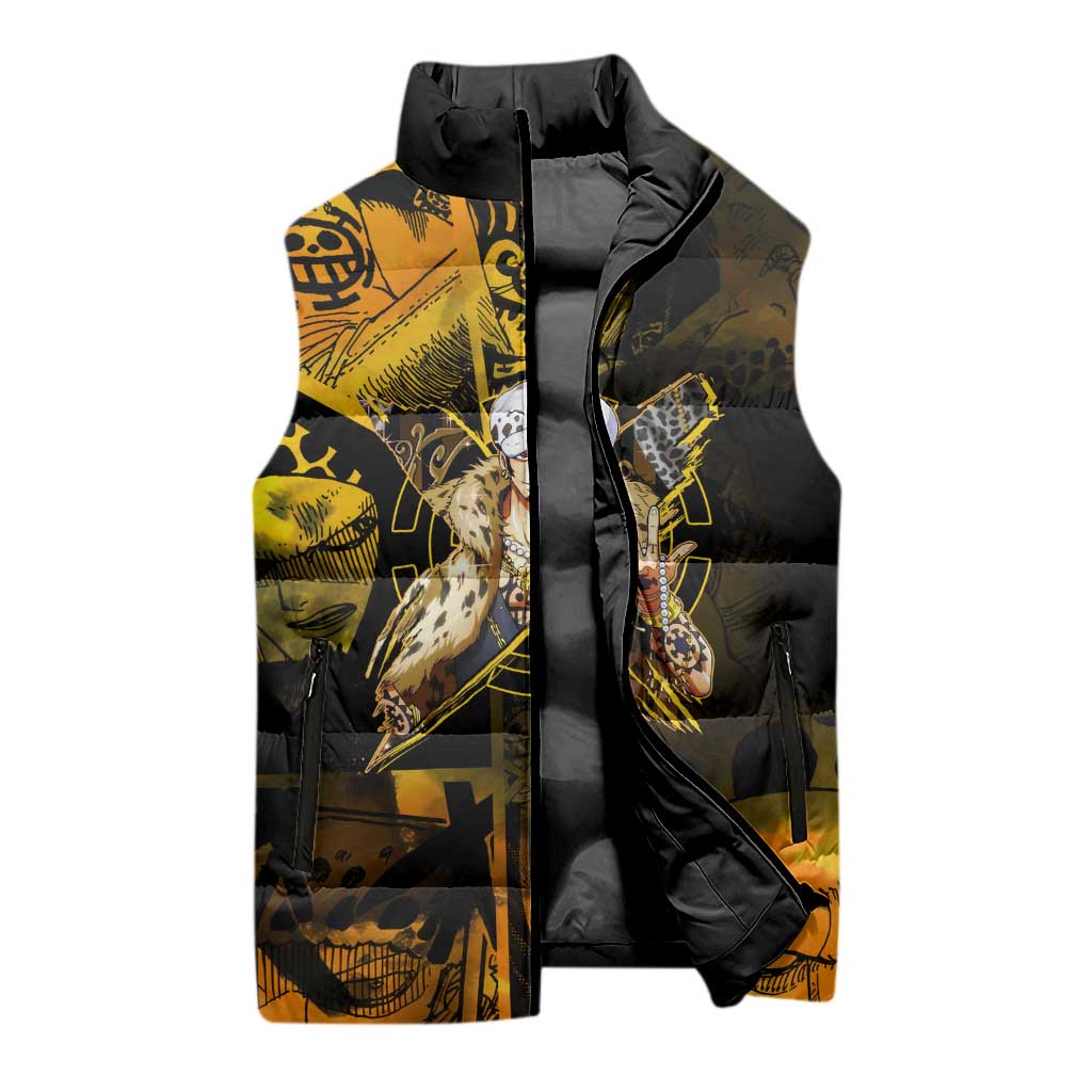 Trafalgar Law One Piece Yellow and Black Theme Sleeveless Puffer Jacket with Jolly Roger Symbol and Manga Panel Design - The Mazicc