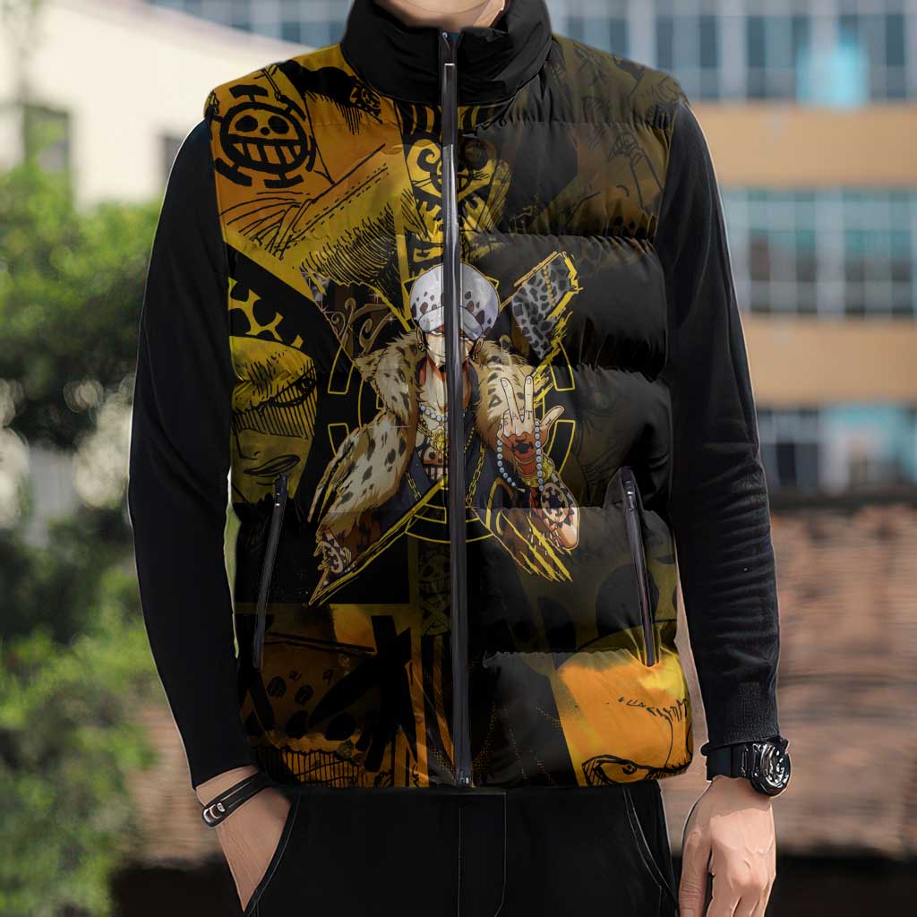 Trafalgar Law One Piece Yellow and Black Theme Sleeveless Puffer Jacket with Jolly Roger Symbol and Manga Panel Design - The Mazicc