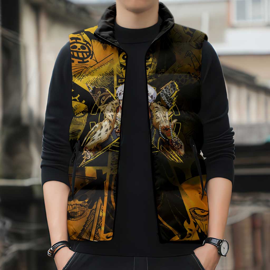 Trafalgar Law One Piece Yellow and Black Theme Sleeveless Puffer Jacket with Jolly Roger Symbol and Manga Panel Design - The Mazicc