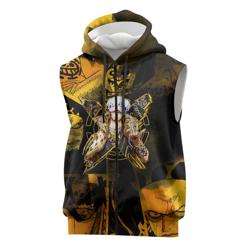 Trafalgar Law One Piece Yellow and Black Theme Sleeveless Zip Hoodie with Jolly Roger Symbol and Manga Panel Design - The Mazicc