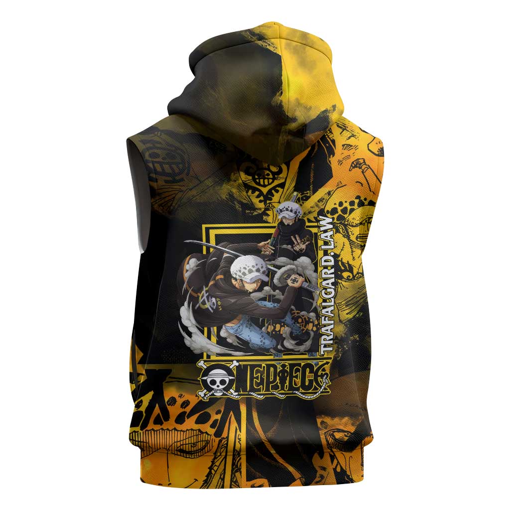 Trafalgar Law One Piece Yellow and Black Theme Sleeveless Zip Hoodie with Jolly Roger Symbol and Manga Panel Design - The Mazicc