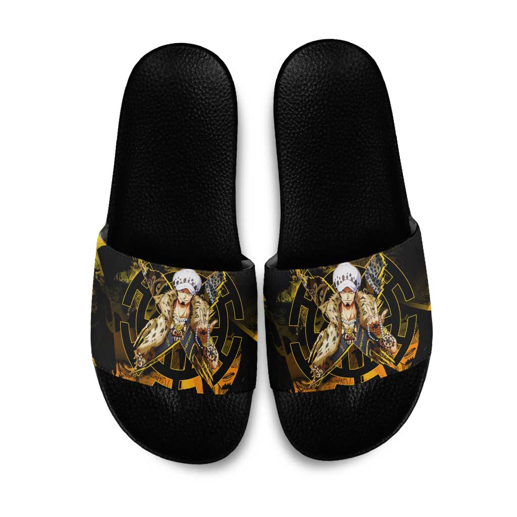 Trafalgar Law One Piece Yellow and Black Theme Slide Sandals with Jolly Roger Symbol and Manga Panel Design - The Mazicc