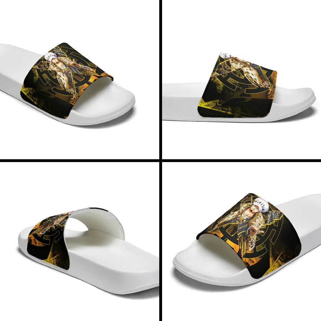 Trafalgar Law One Piece Yellow and Black Theme Slide Sandals with Jolly Roger Symbol and Manga Panel Design - The Mazicc
