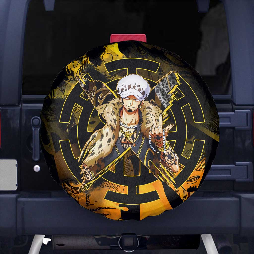 Trafalgar Law One Piece Yellow and Black Theme Spare Tire Cover with Jolly Roger Symbol and Manga Panel Design - The Mazicc