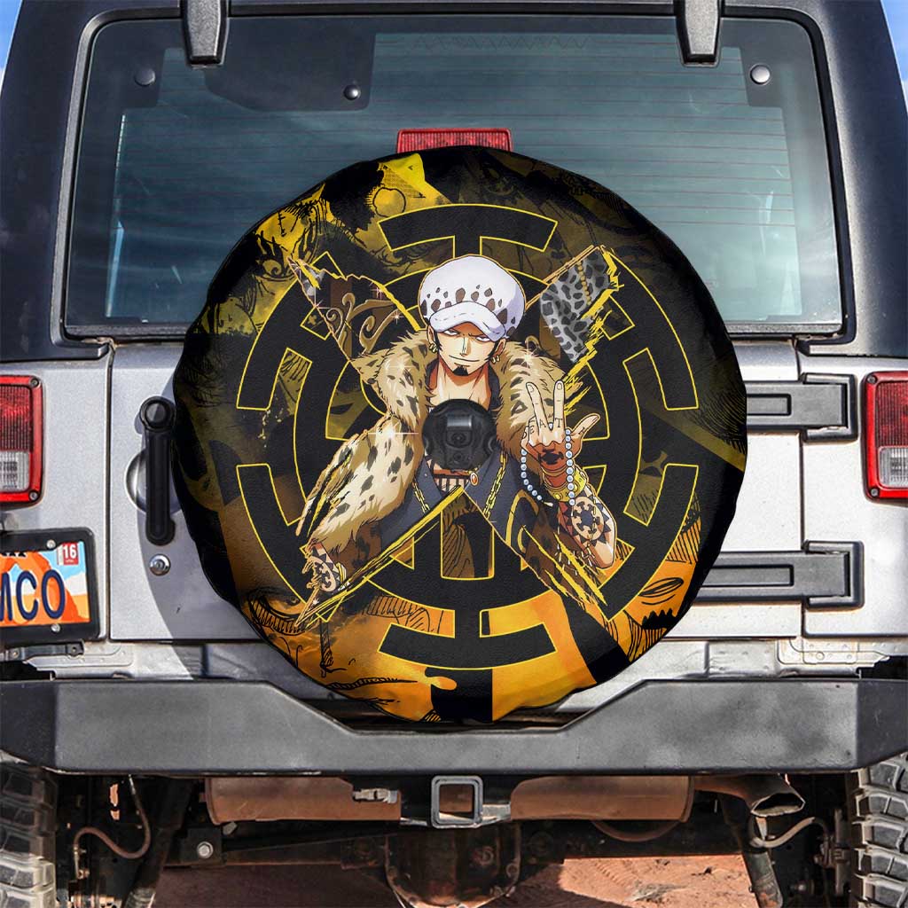 Trafalgar Law One Piece Yellow and Black Theme Spare Tire Cover with Jolly Roger Symbol and Manga Panel Design - The Mazicc