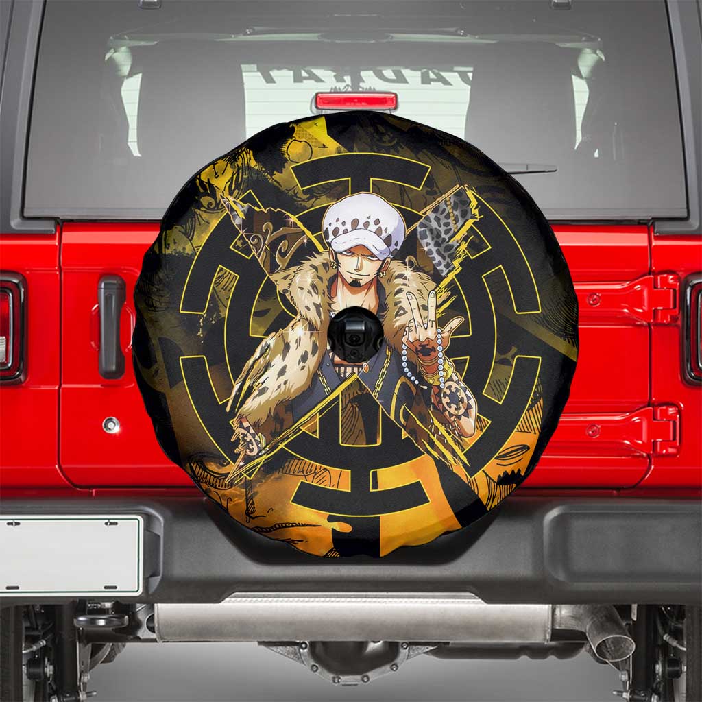 Trafalgar Law One Piece Yellow and Black Theme Spare Tire Cover with Jolly Roger Symbol and Manga Panel Design - The Mazicc