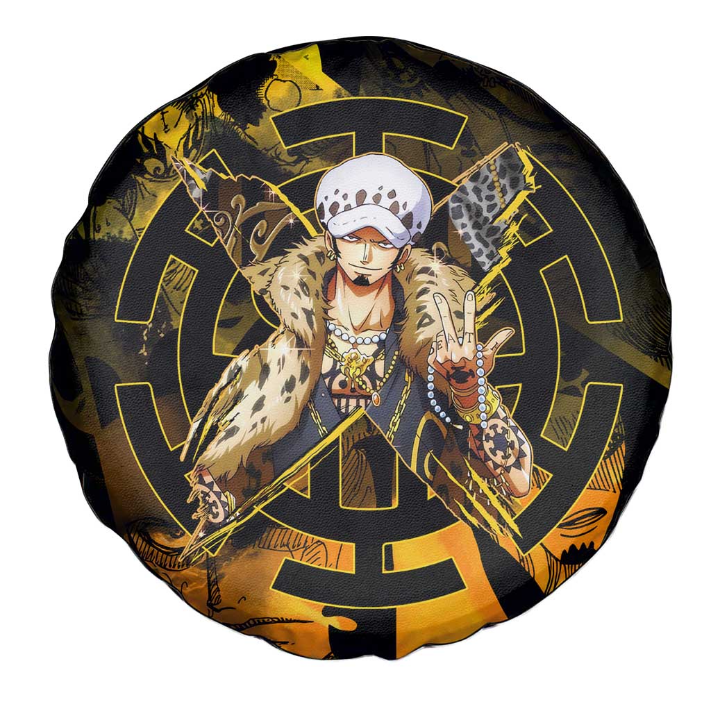 Trafalgar Law One Piece Yellow and Black Theme Spare Tire Cover with Jolly Roger Symbol and Manga Panel Design - The Mazicc