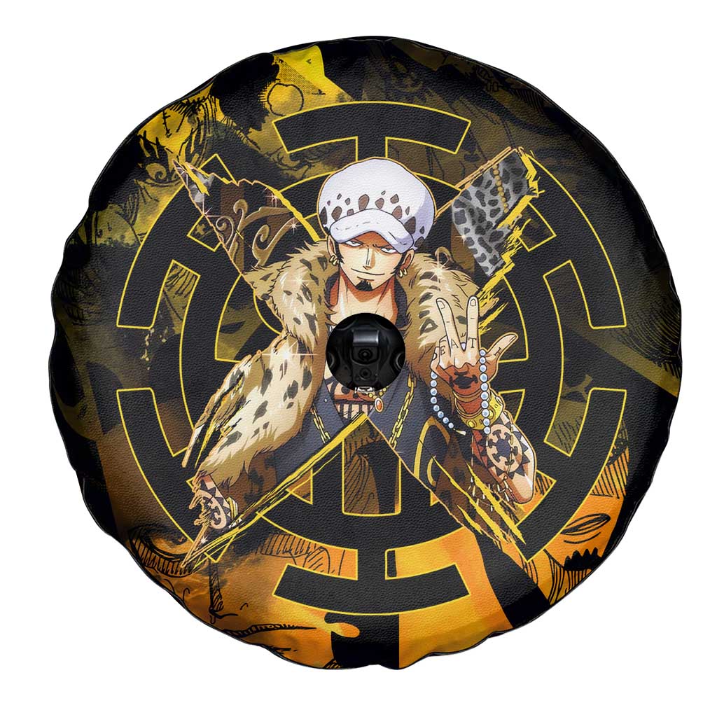 Trafalgar Law One Piece Yellow and Black Theme Spare Tire Cover with Jolly Roger Symbol and Manga Panel Design - The Mazicc