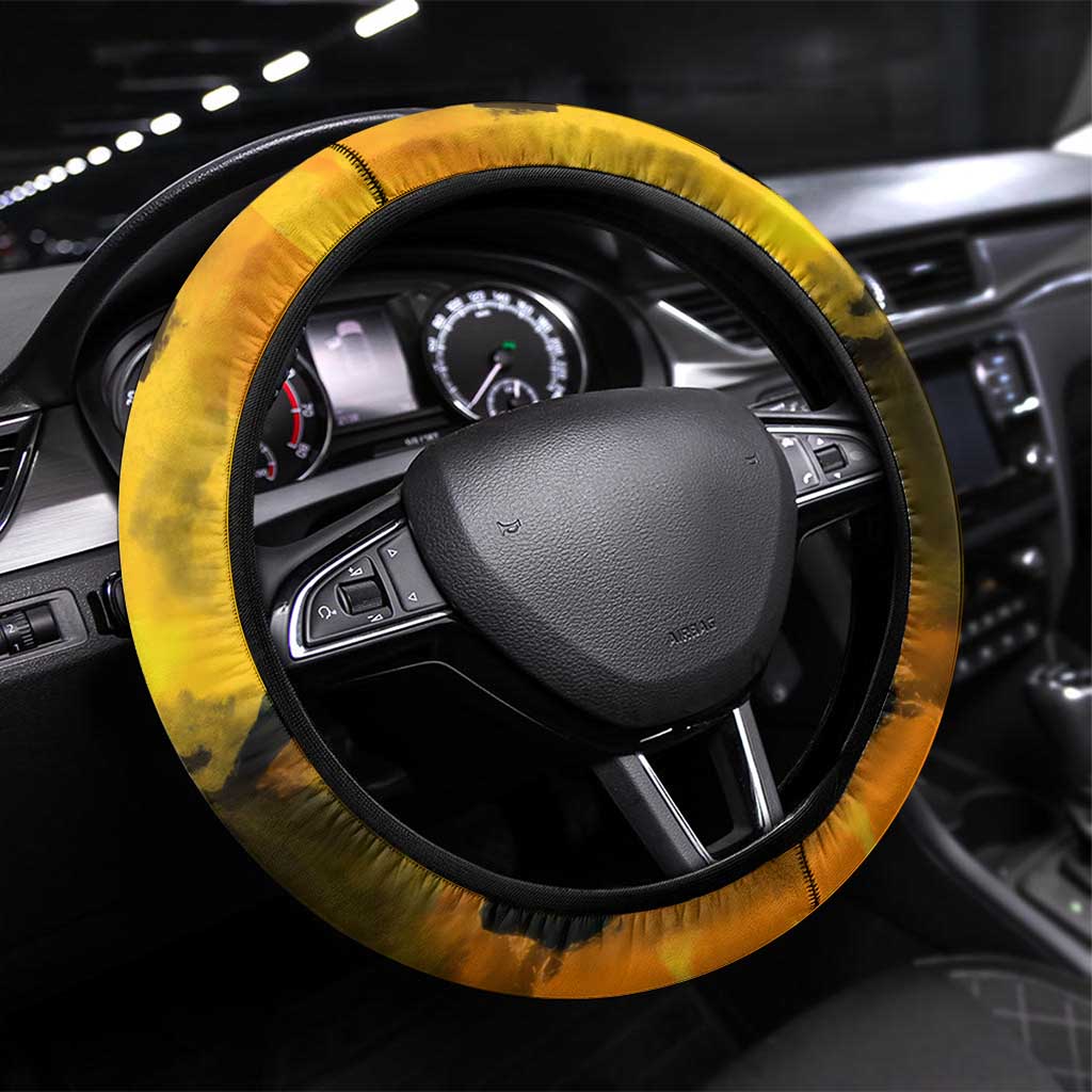 Trafalgar Law One Piece Yellow and Black Theme Steering Wheel Cover with Jolly Roger Symbol and Manga Panel Design - The Mazicc