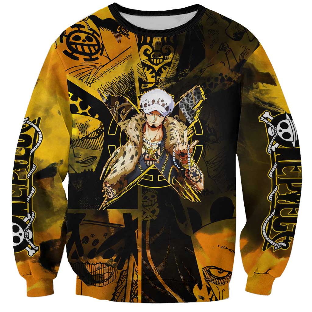 Trafalgar Law One Piece Yellow and Black Theme Sweatshirt with Jolly Roger Symbol and Manga Panel Design - The Mazicc