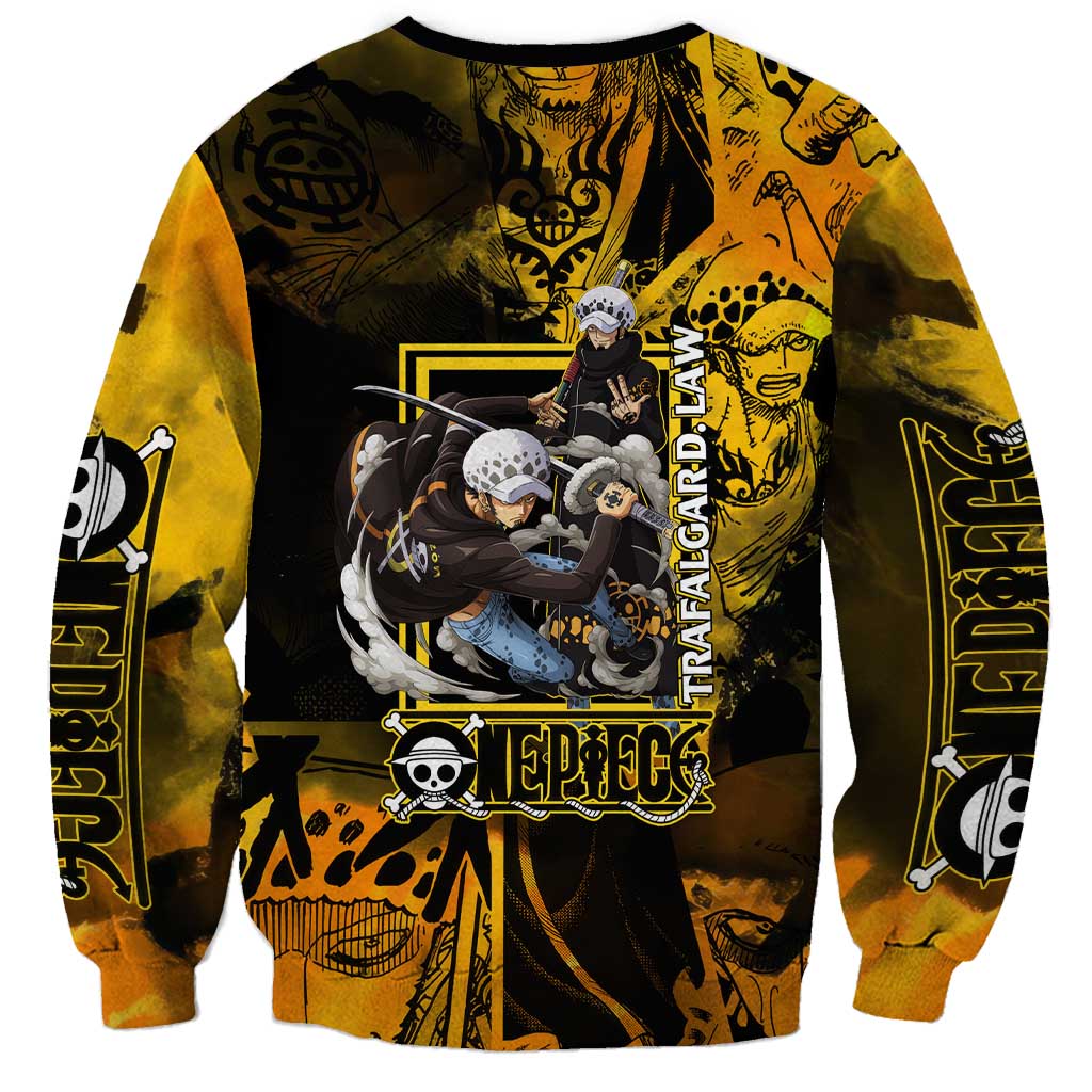 Trafalgar Law One Piece Yellow and Black Theme Sweatshirt with Jolly Roger Symbol and Manga Panel Design - The Mazicc