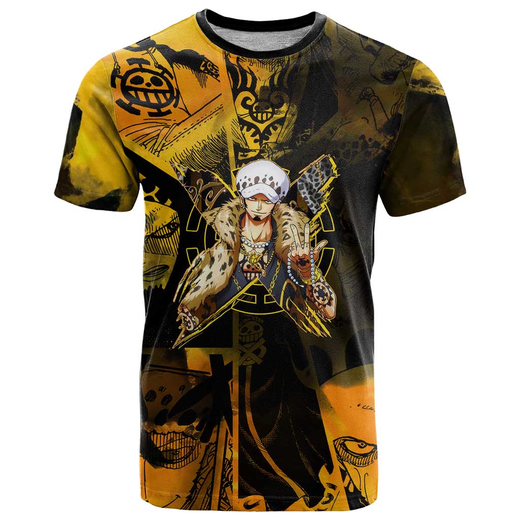 Trafalgar Law One Piece Yellow and Black Theme T Shirt with Jolly Roger Symbol and Manga Panel Design - The Mazicc