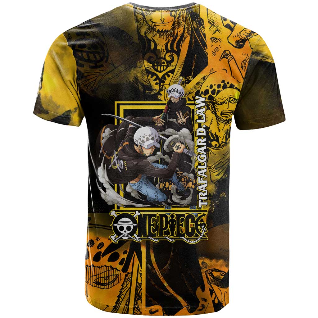 Trafalgar Law One Piece Yellow and Black Theme T Shirt with Jolly Roger Symbol and Manga Panel Design - The Mazicc
