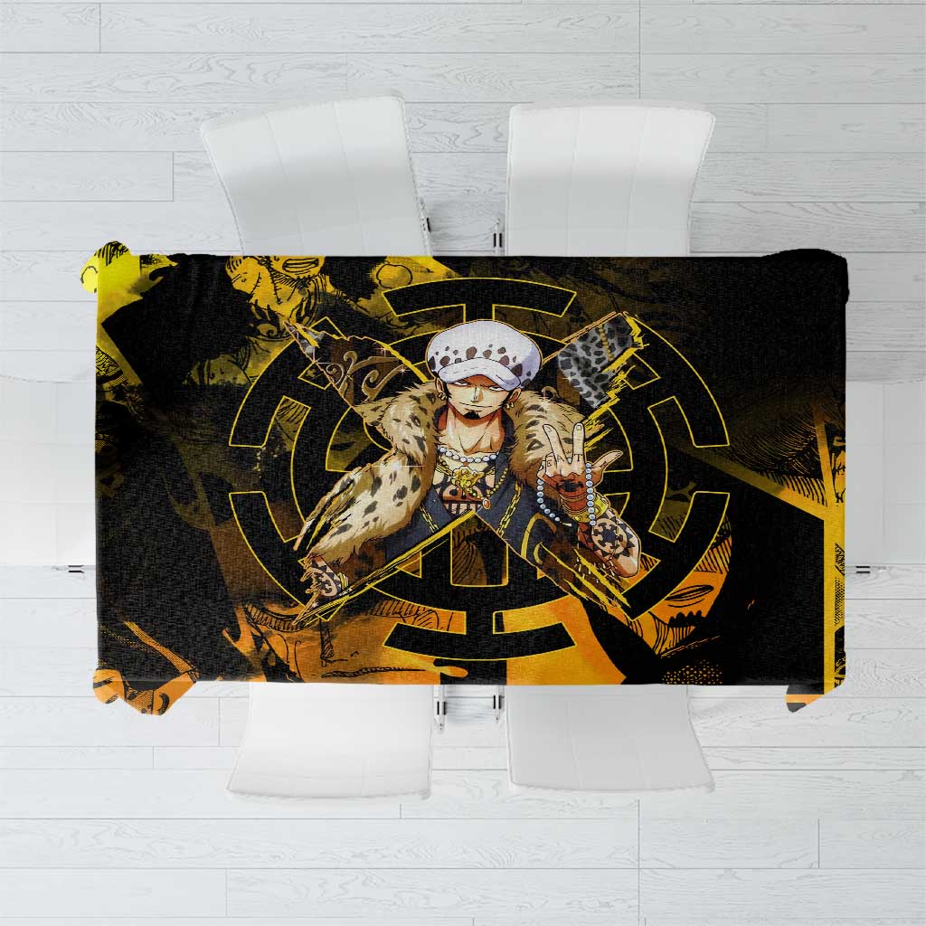 Trafalgar Law One Piece Yellow and Black Theme Tablecloth with Jolly Roger Symbol and Manga Panel Design - The Mazicc