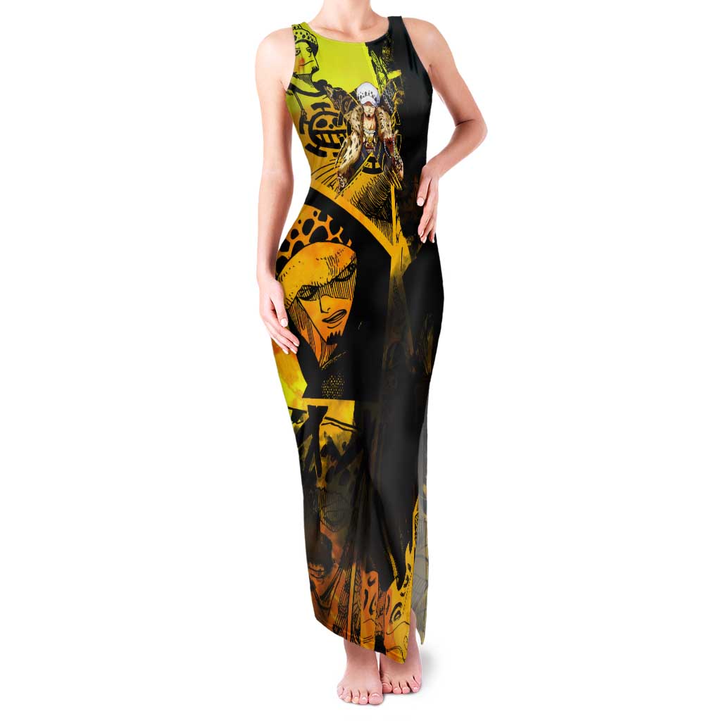 Trafalgar Law One Piece Yellow and Black Theme Tank Maxi Dress with Jolly Roger Symbol and Manga Panel Design - The Mazicc