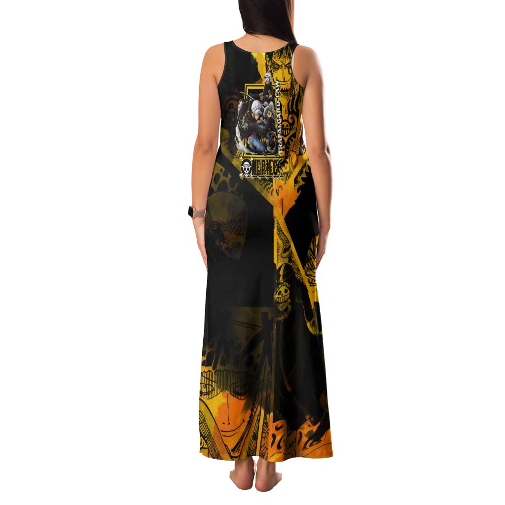 Trafalgar Law One Piece Yellow and Black Theme Tank Maxi Dress with Jolly Roger Symbol and Manga Panel Design - The Mazicc