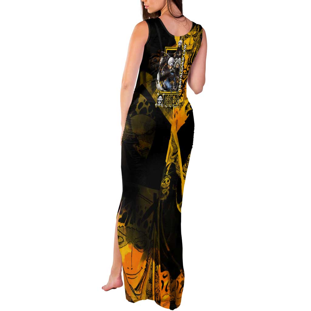 Trafalgar Law One Piece Yellow and Black Theme Tank Maxi Dress with Jolly Roger Symbol and Manga Panel Design - The Mazicc