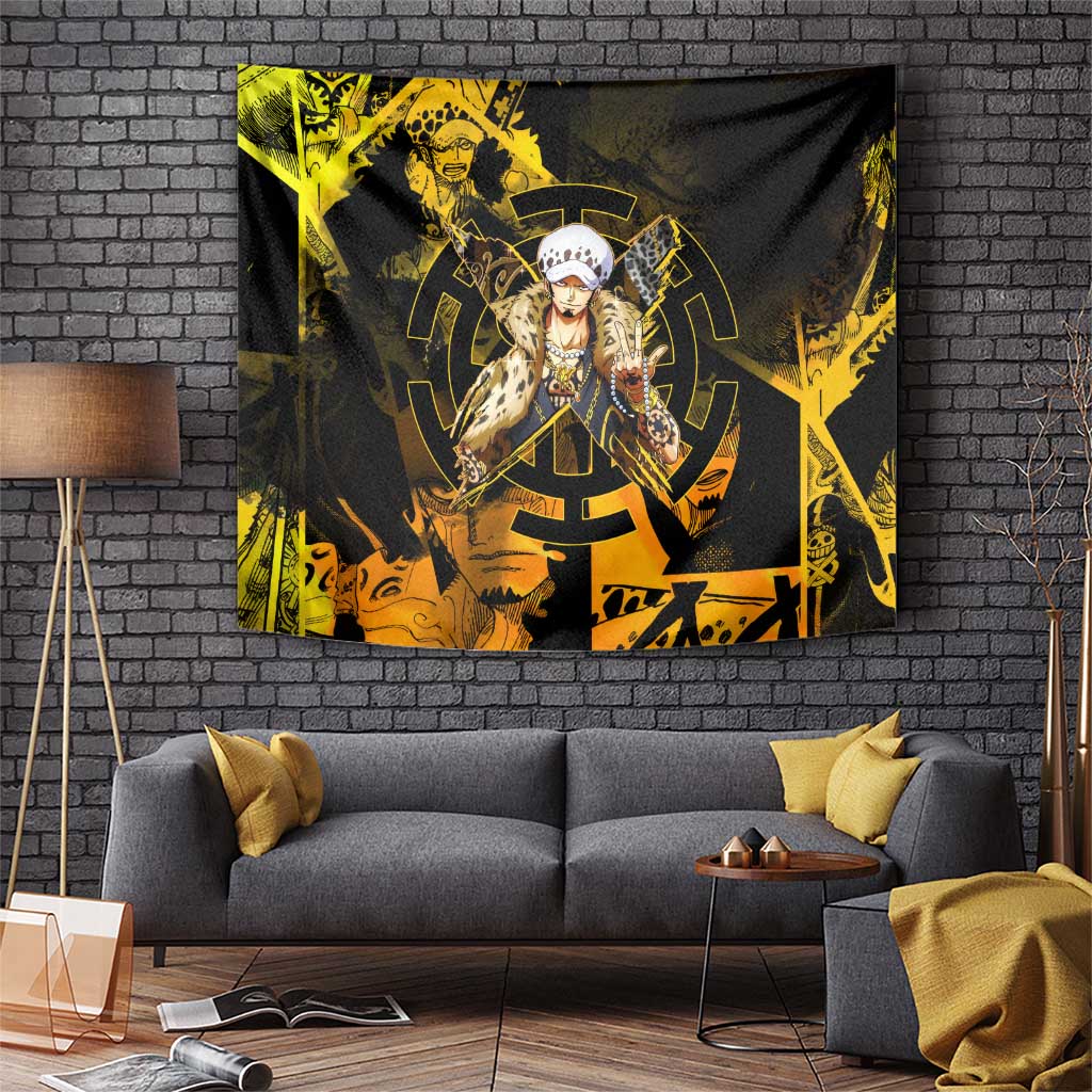 Trafalgar Law One Piece Yellow and Black Theme Tapestry with Jolly Roger Symbol and Manga Panel Design - The Mazicc