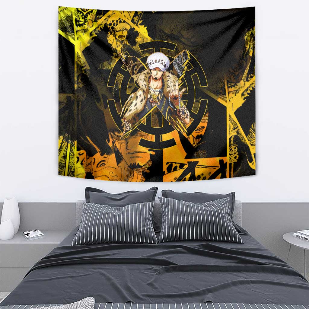 Trafalgar Law One Piece Yellow and Black Theme Tapestry with Jolly Roger Symbol and Manga Panel Design - The Mazicc