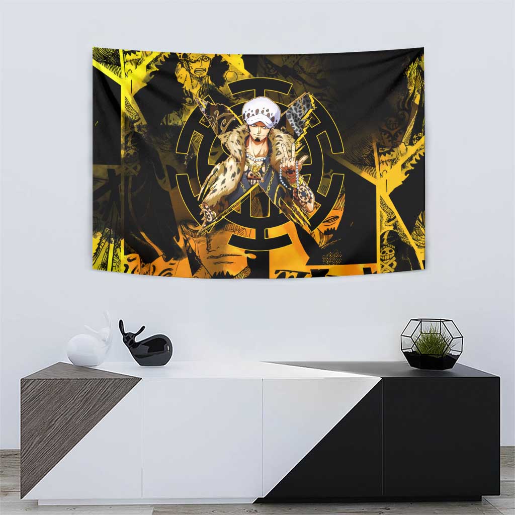Trafalgar Law One Piece Yellow and Black Theme Tapestry with Jolly Roger Symbol and Manga Panel Design - The Mazicc
