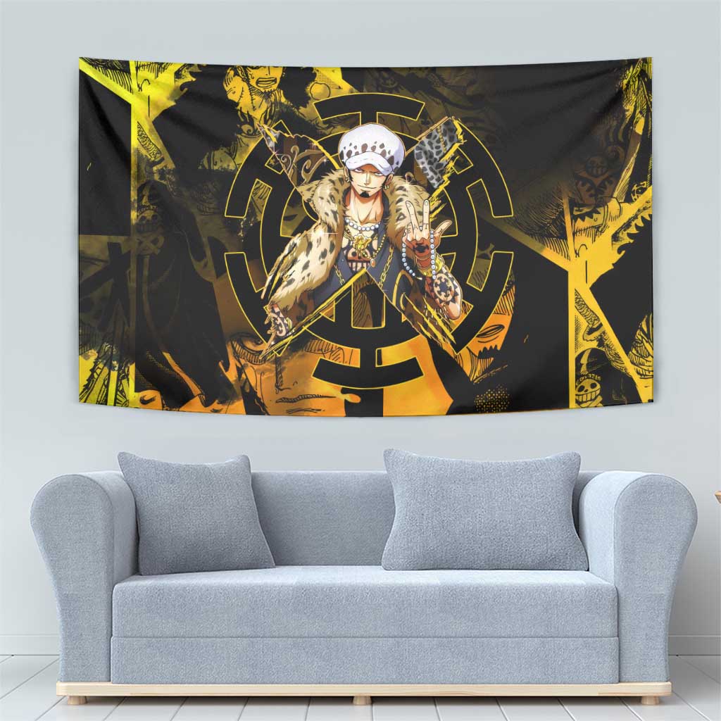 Trafalgar Law One Piece Yellow and Black Theme Tapestry with Jolly Roger Symbol and Manga Panel Design - The Mazicc
