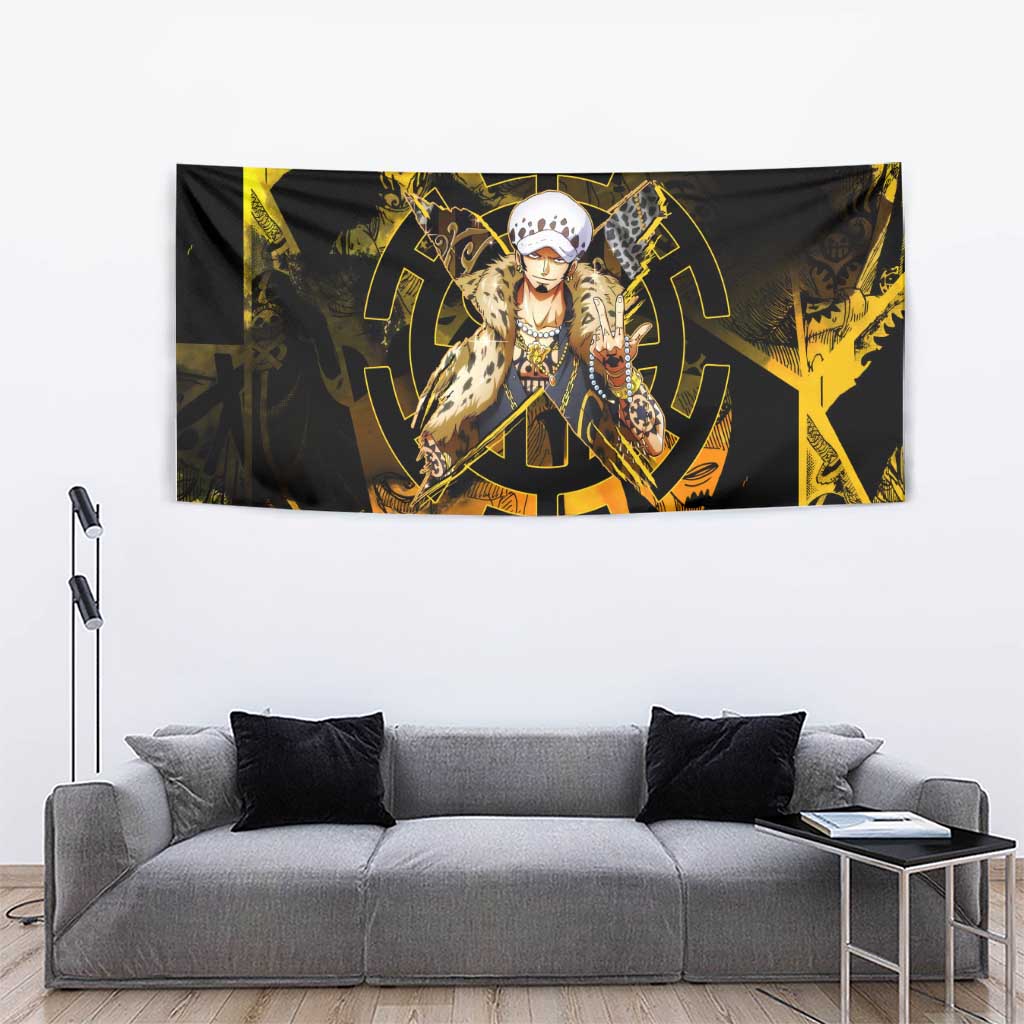 Trafalgar Law One Piece Yellow and Black Theme Tapestry with Jolly Roger Symbol and Manga Panel Design - The Mazicc