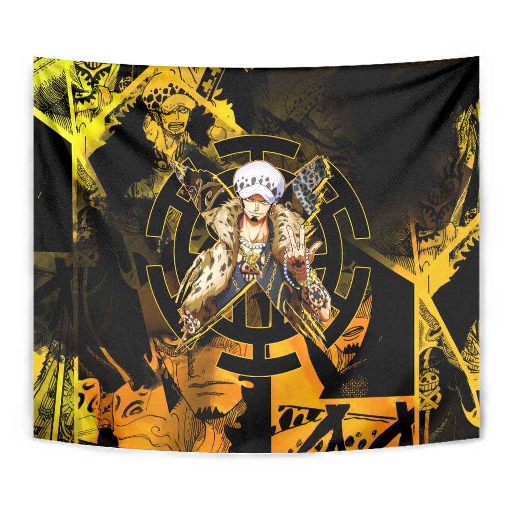 Trafalgar Law One Piece Yellow and Black Theme Tapestry with Jolly Roger Symbol and Manga Panel Design - The Mazicc