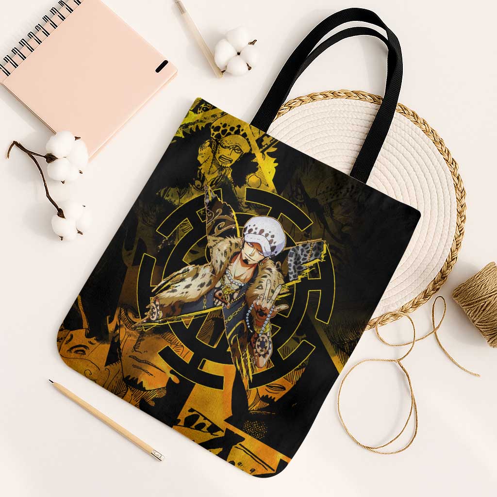 Trafalgar Law One Piece Yellow and Black Theme Tote Bag with Jolly Roger Symbol and Manga Panel Design - The Mazicc