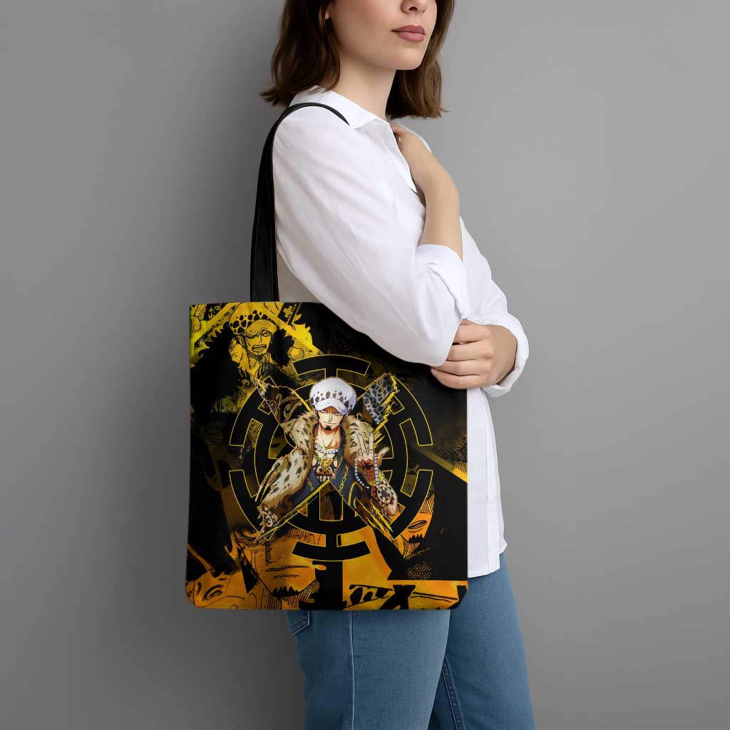 Trafalgar Law One Piece Yellow and Black Theme Tote Bag with Jolly Roger Symbol and Manga Panel Design - The Mazicc