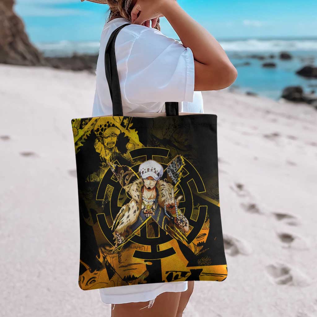 Trafalgar Law One Piece Yellow and Black Theme Tote Bag with Jolly Roger Symbol and Manga Panel Design - The Mazicc