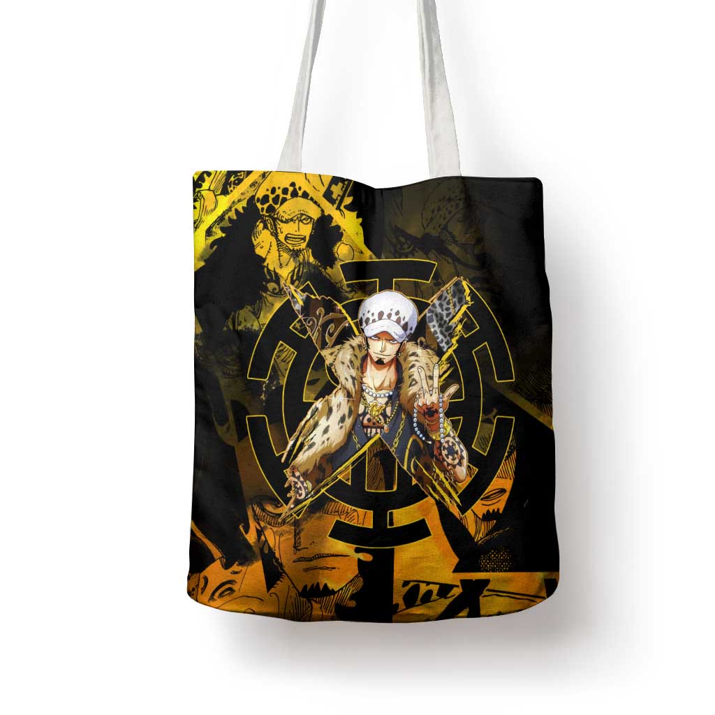 Trafalgar Law One Piece Yellow and Black Theme Tote Bag with Jolly Roger Symbol and Manga Panel Design - The Mazicc