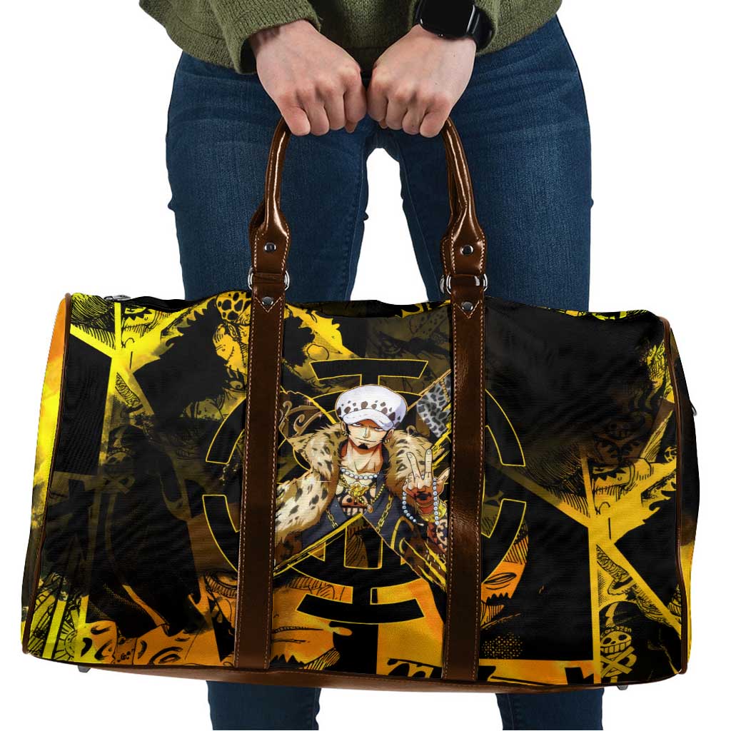 Trafalgar Law One Piece Yellow and Black Theme Travel Bag with Jolly Roger Symbol and Manga Panel Design - The Mazicc