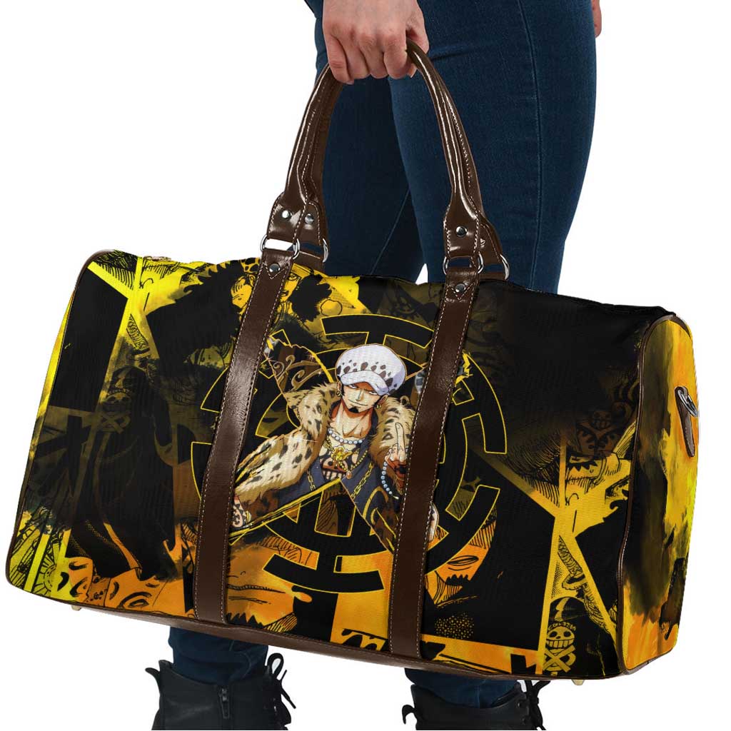 Trafalgar Law One Piece Yellow and Black Theme Travel Bag with Jolly Roger Symbol and Manga Panel Design - The Mazicc