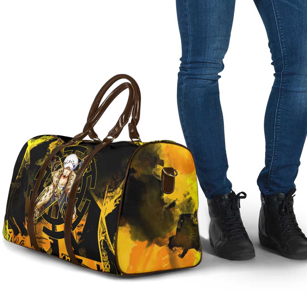 Trafalgar Law One Piece Yellow and Black Theme Travel Bag with Jolly Roger Symbol and Manga Panel Design - The Mazicc