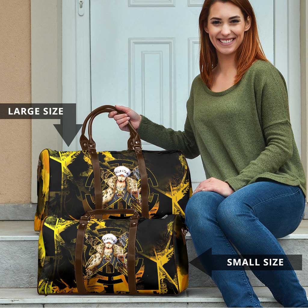 Trafalgar Law One Piece Yellow and Black Theme Travel Bag with Jolly Roger Symbol and Manga Panel Design - The Mazicc